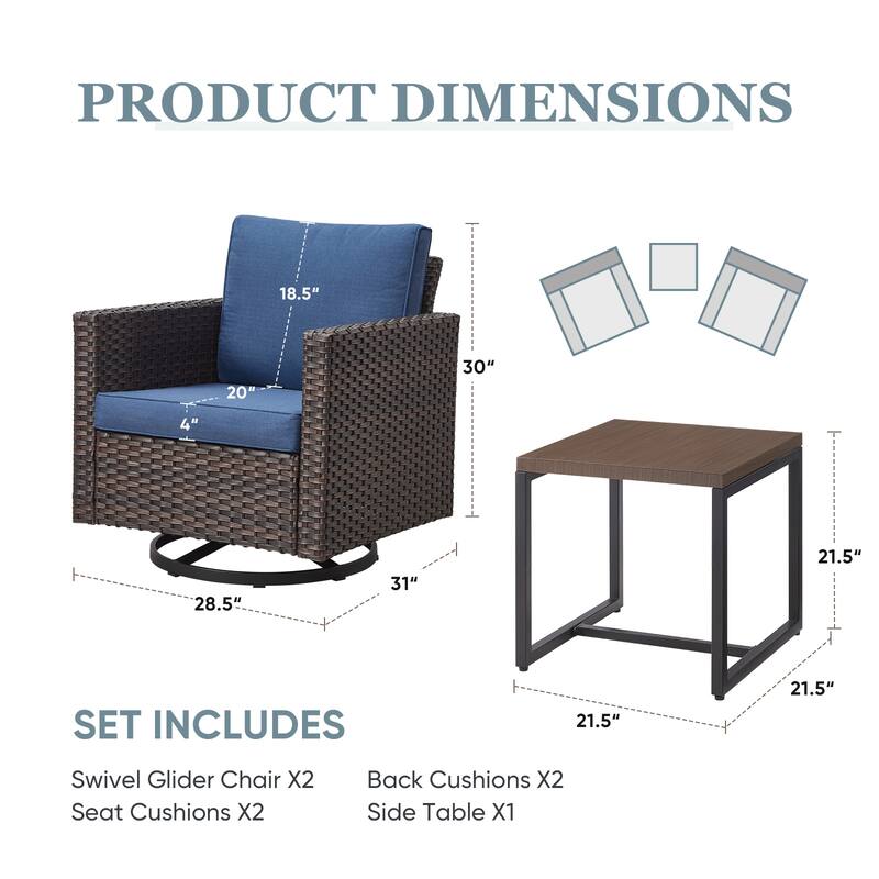 3 Pieces Outdoor Swivel Patio Chairs with Side Table