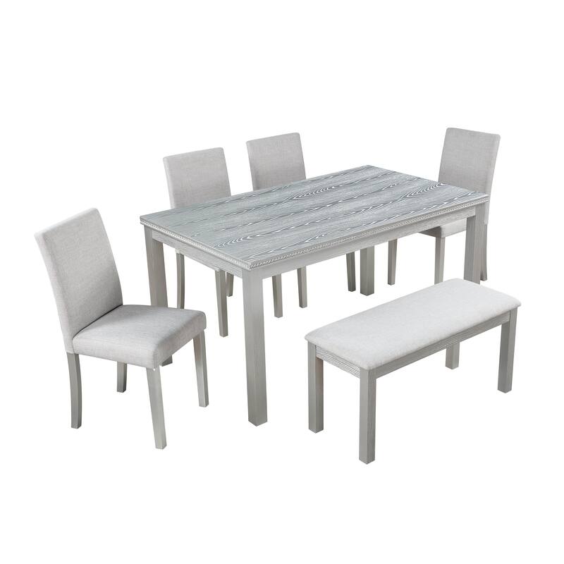 Upholstered Bench and Back Padded Dining Chairs, Dining Table with Crystal Decoration, Kitchen Table and Chairs Set - Beige Silver Gray