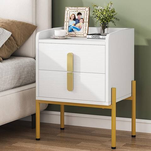 2-Drawer White Nightstand, Modern Bedside Table for Bedroom