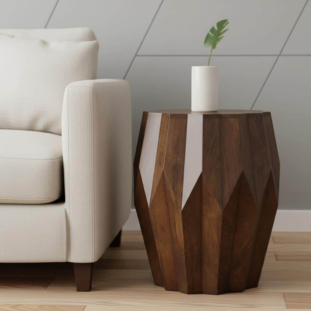 HomeRoots 23" Dark Brown Solid Wood Drum End Table - 19.00 in. x 22.50 in. x 19.00 in.