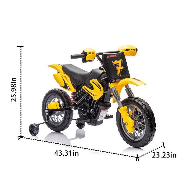 dimension image slide 0 of 3, 12V Kids Ride-On Electric Motorcycle - Twist Grip Throttle, Training Wheels, Dirt Bike Design