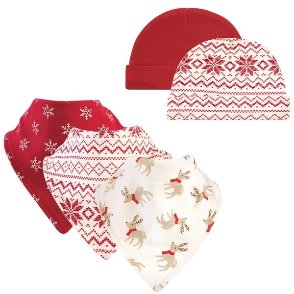 slide 1 of 1, Hudson Baby Infant Boy Cotton Bib and Caps Set 5pk, Reindeer, One Size - Reindeer - One Size One Size - Reindeer