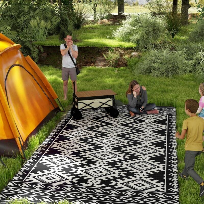 Reversible Outdoor Rug Rhombus Border UV Protected Foldable Camping RV Patio Picnic Mat