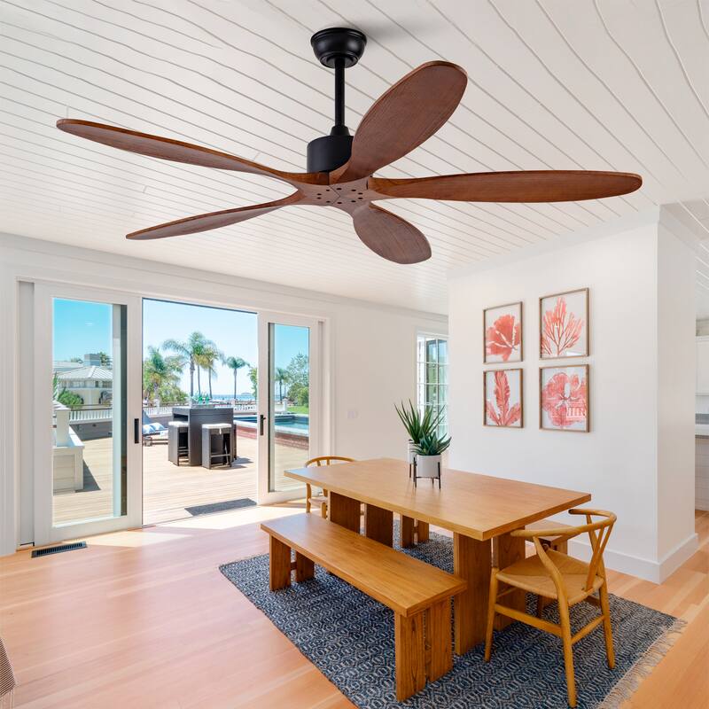 60 Inch Ceiling Fan With 5 Solid Wood Blades Remote Control Reversible DC Motor For Living Room