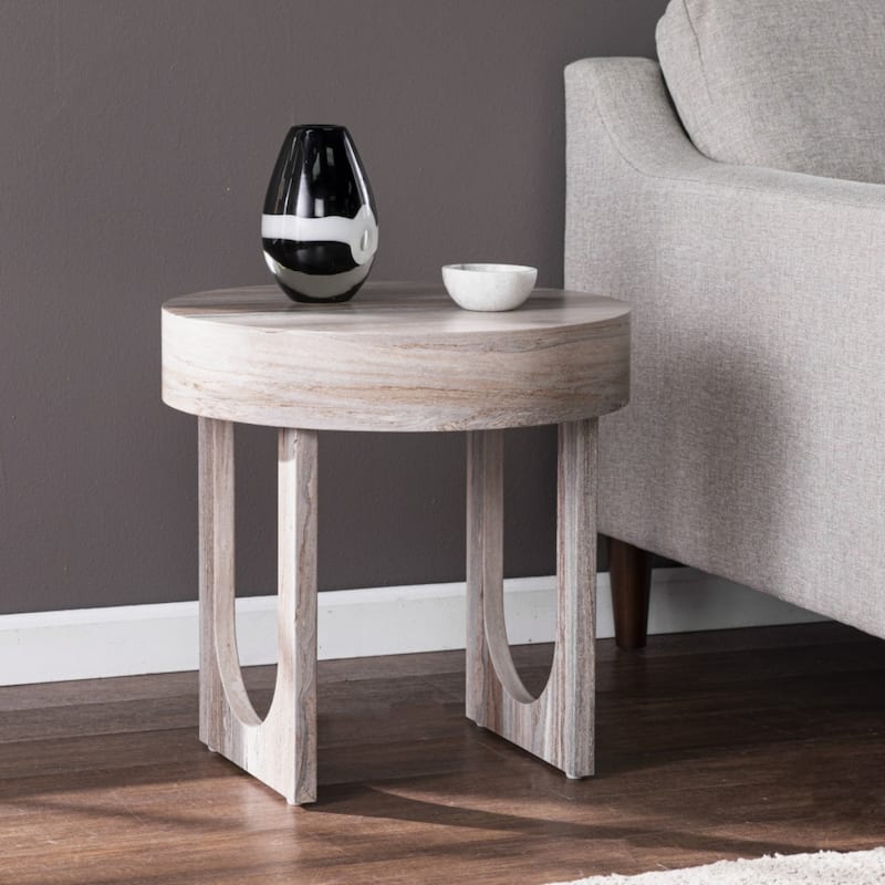 20-Inch Contemporary Brown MDF Wood Round End Table with Sled Base for Living Room - 19.75" H x 19.75" W x 19.75" D