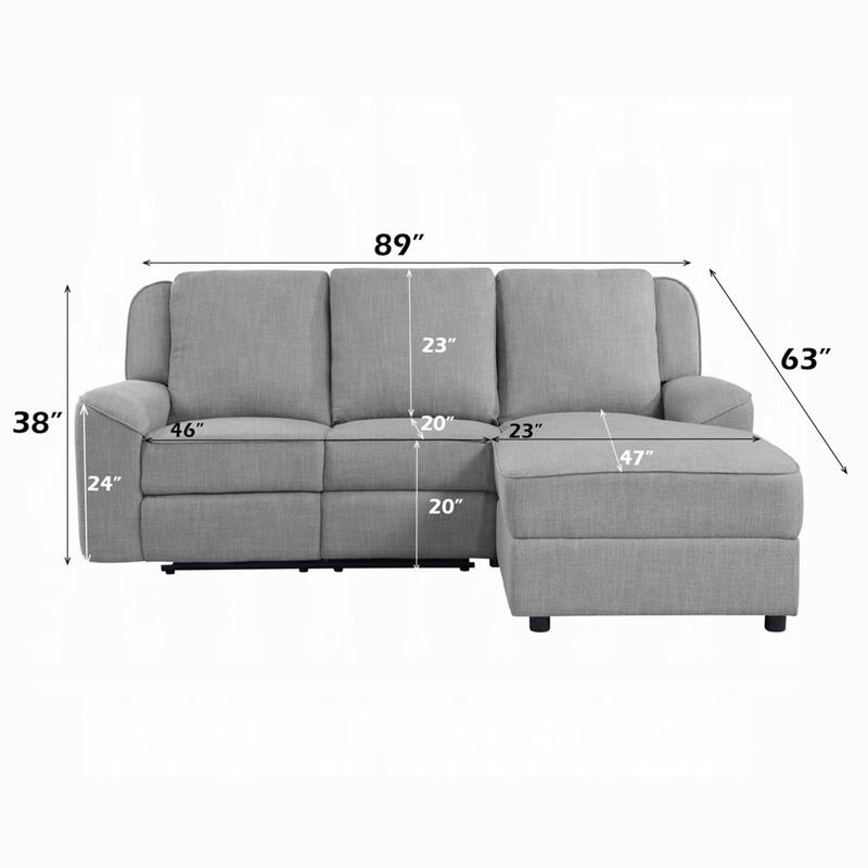 Diny Manual Recliner Sectional Sofa, Dropdown Center Table, Gray Linen