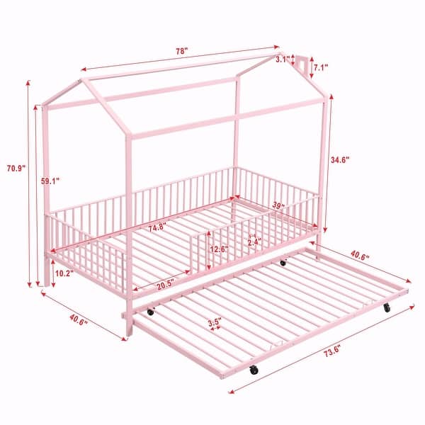 dimension image slide 0 of 4, Metal House Bed with Fence, With Trundle