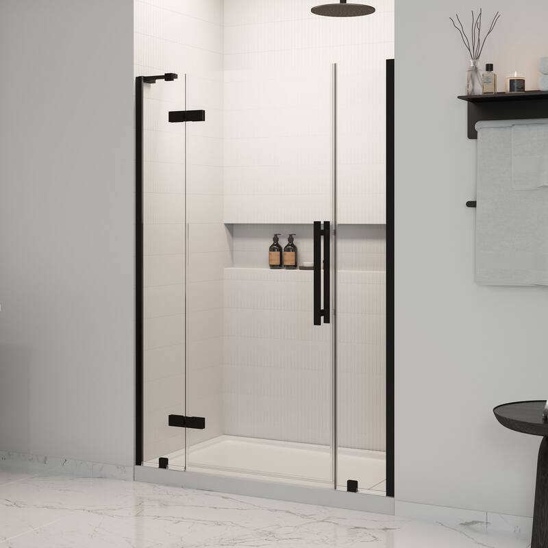 OVE Tampa Alcove Frameless Pivot Hinge Shower Door Kit with Base Pan, 2025 - Matte Black - 54"x32"