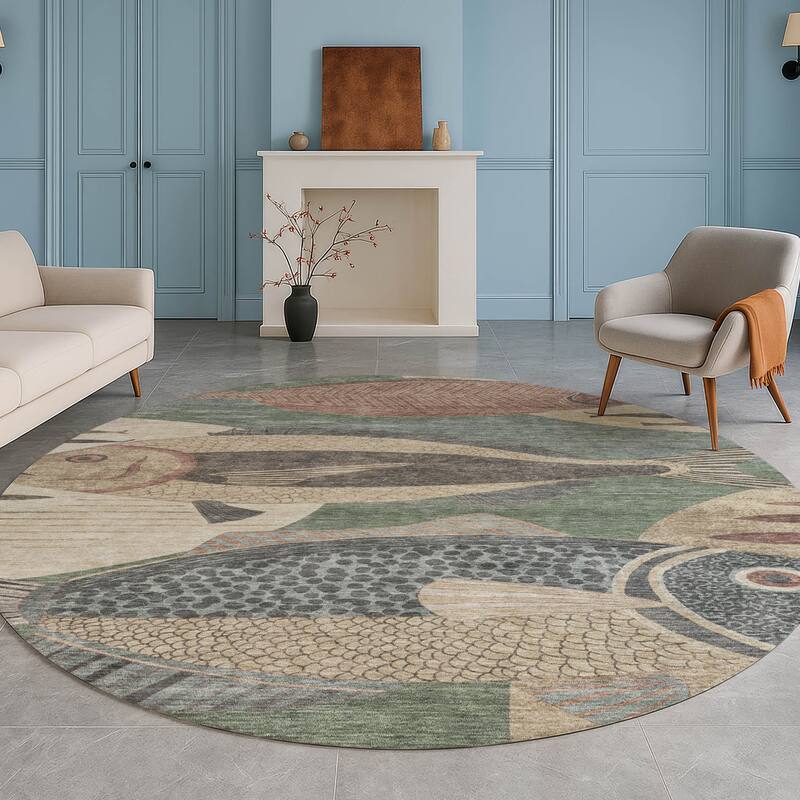 Machine Washable Indoor/ Outdoor Modern Fish Chantille Rug