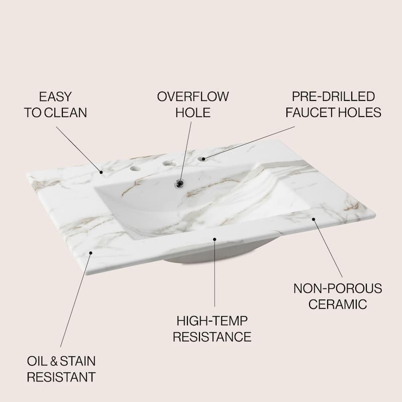 Aubert 3-Hole Classic Contemporary Rectangular Ceramic Single Sink Basin Vanity Top, by JONATHAN Y