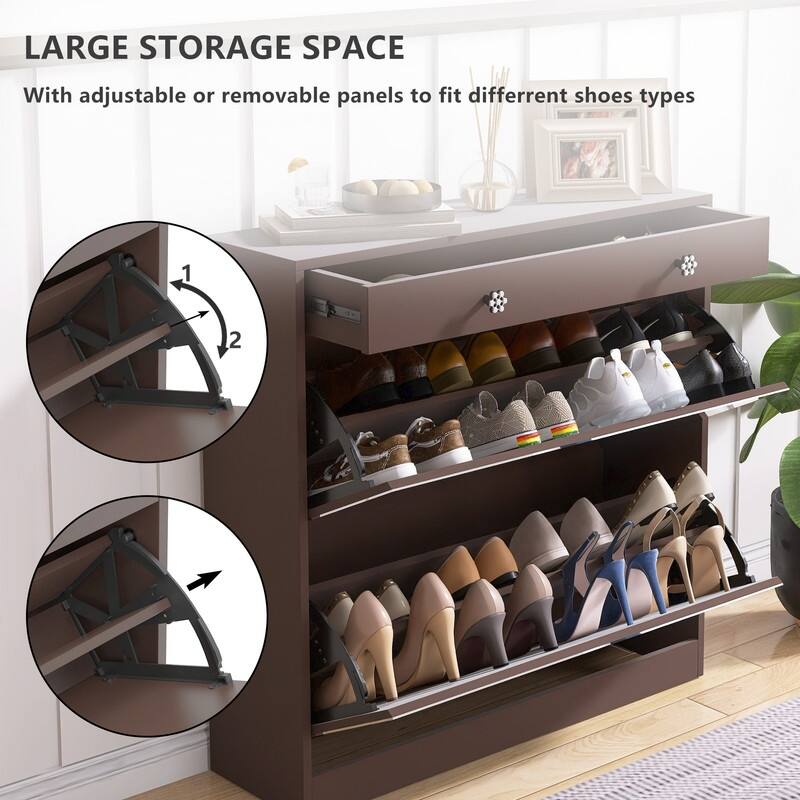 Mirrored Shoe Cabinet with Drawers - Space-Saving Entryway Organizer in Brown Finish