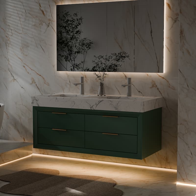 Modland 48" Wall-Mount Double Vanity with LED Light & 6 Drawers - Solid Oak, White / Green - 48 inch
