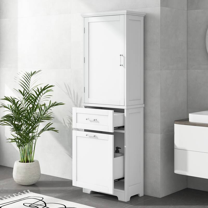 Tall Bathroom Storage Cabinet, Freestanding Organizer, Wooden Floor Cabinet with 2 Different Size Drawers & Adjustable Shelf