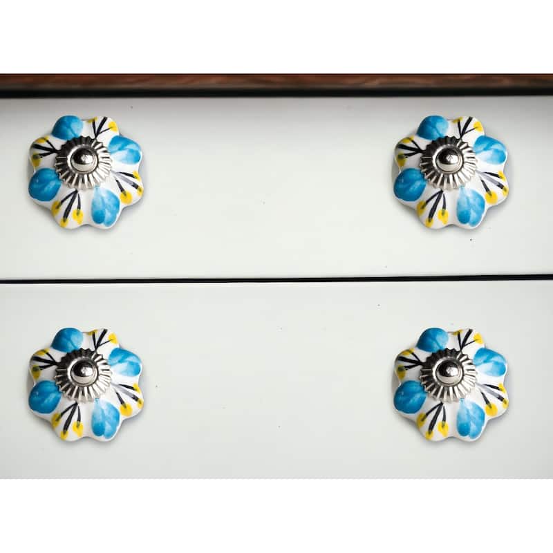 HomeRoots Set of Eight Blue And White Ceramic Drawer Pull Knobs - 1.5" x 1.5" x 1.5"