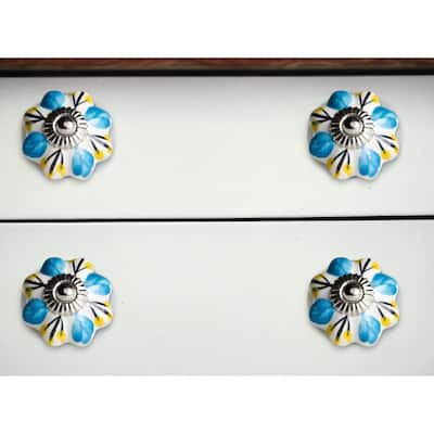 HomeRoots Set of Eight Blue And White Ceramic Drawer Pull Knobs - 1.5" x 1.5" x 1.5"