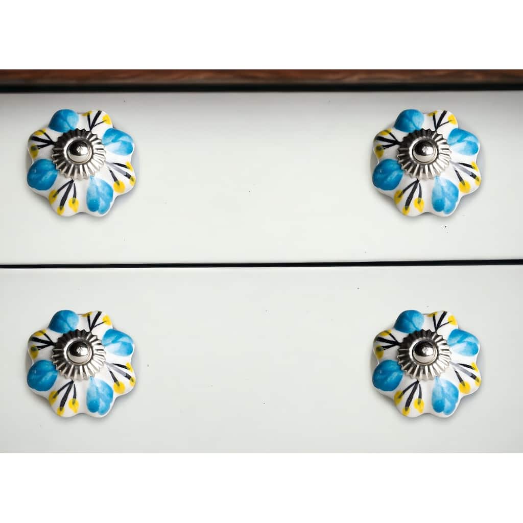 HomeRoots Set of Eight Blue And White Ceramic Drawer Pull Knobs - 1.5" x 1.5" x 1.5"