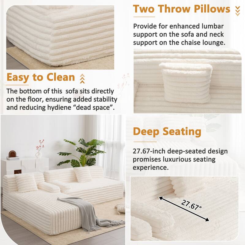 L Shape Modular Sectional Sofa with Chaise, Full-Compressed Boneless Couches, Faux Fur 3 Seat Sofa with 2 Throw Pillows