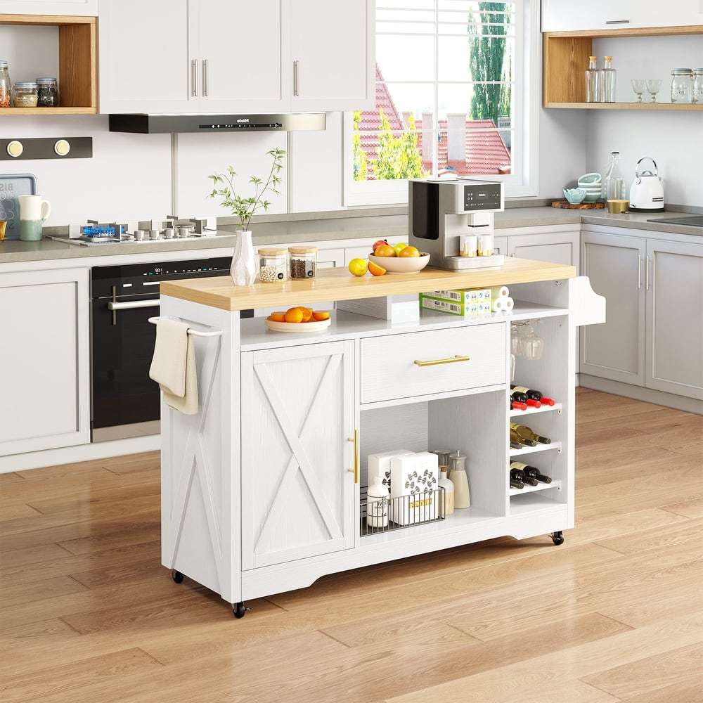 53 Inch Rolling Kitchen Island with Power Outlet And Wine Rack
