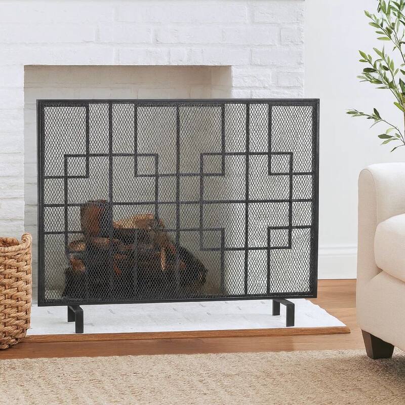 31x41 Fireplace Screen with Mesh, Contemporary Design, Black, Silver