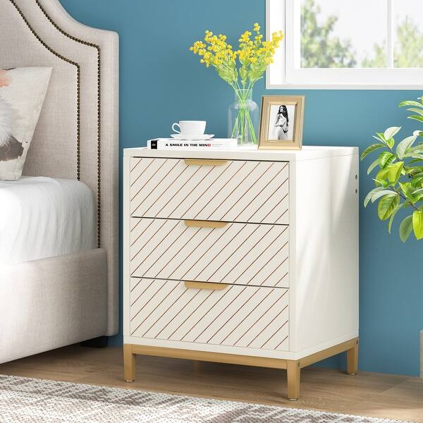 White and Gold Night Stands for Bedrooms Light Wood Grain Nightstands with 3 Drawers - Bed Bath & Beyond