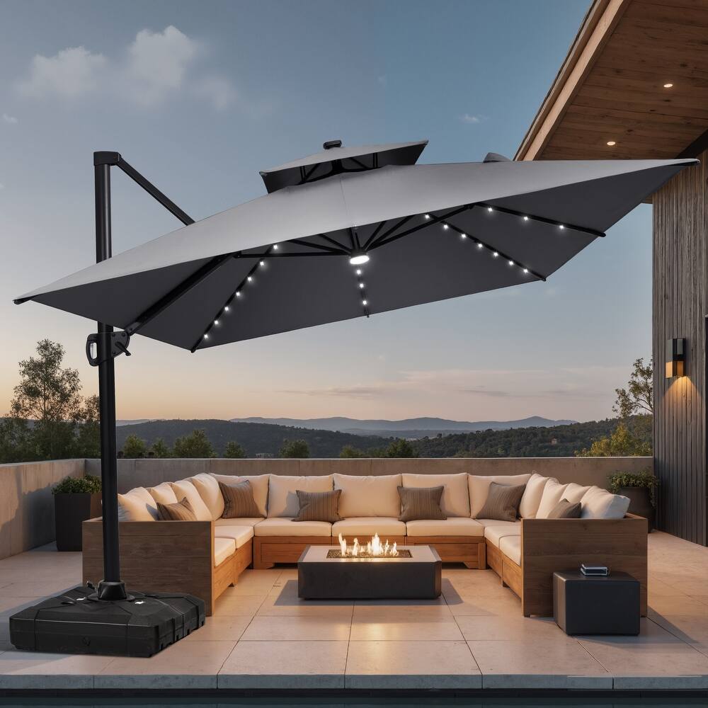 9 X 11 FT Outdoor Patio Cantilever Umbrella with Solar Lights Wheeled Base Double Canopy 360 Rotation Tilt
