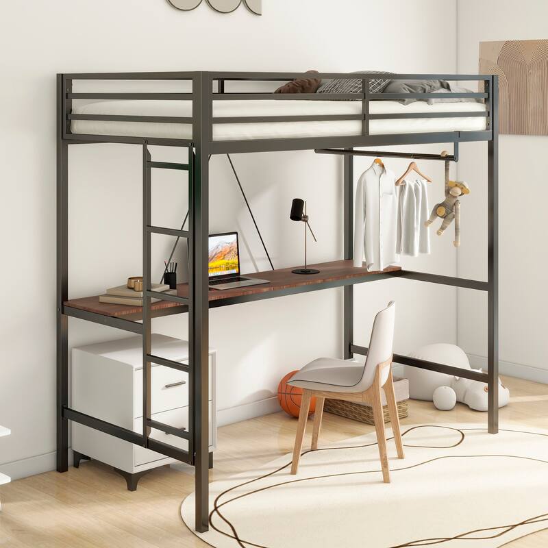 Sturdy Twin Size Loft Bed with Cinnamon Wood Desk and Closet Rod, Metal High Loftbed Frame with Ladder and Guardrails