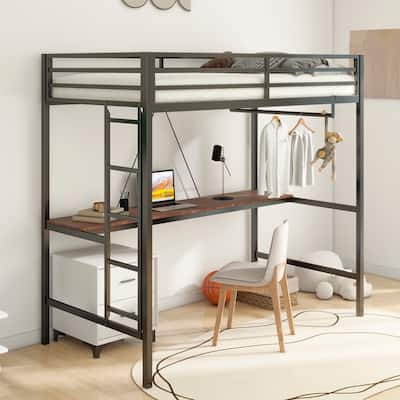 Twin Size Metal Loft Bed with Integrated Desk and Closet Rod, Space-Saving Frame with Guardrails and Ladder