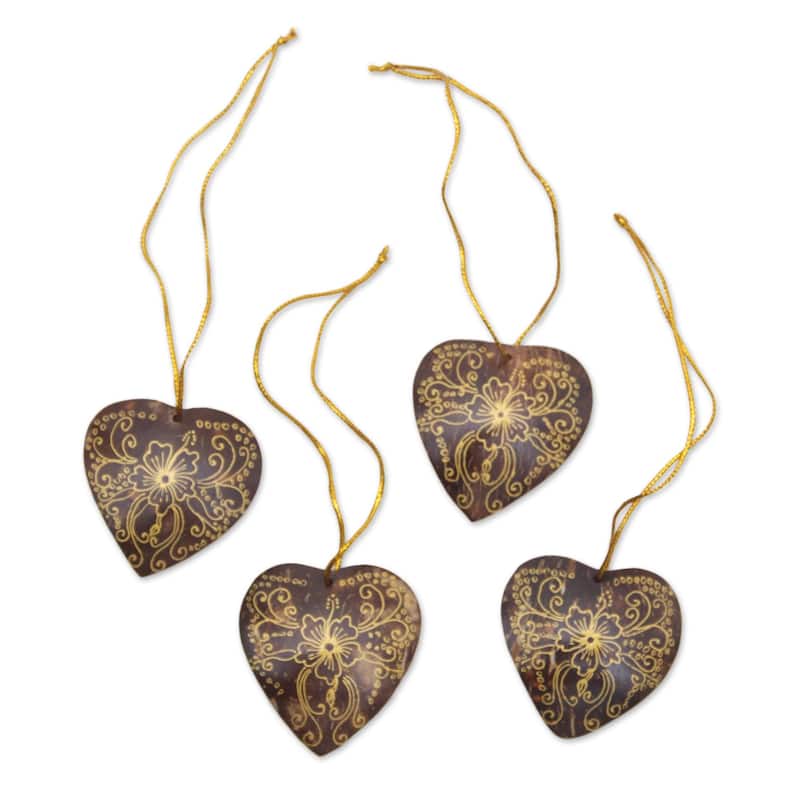 Novica Handmade With Our Hearts Coconut Shell Ornaments (Set Of 4)