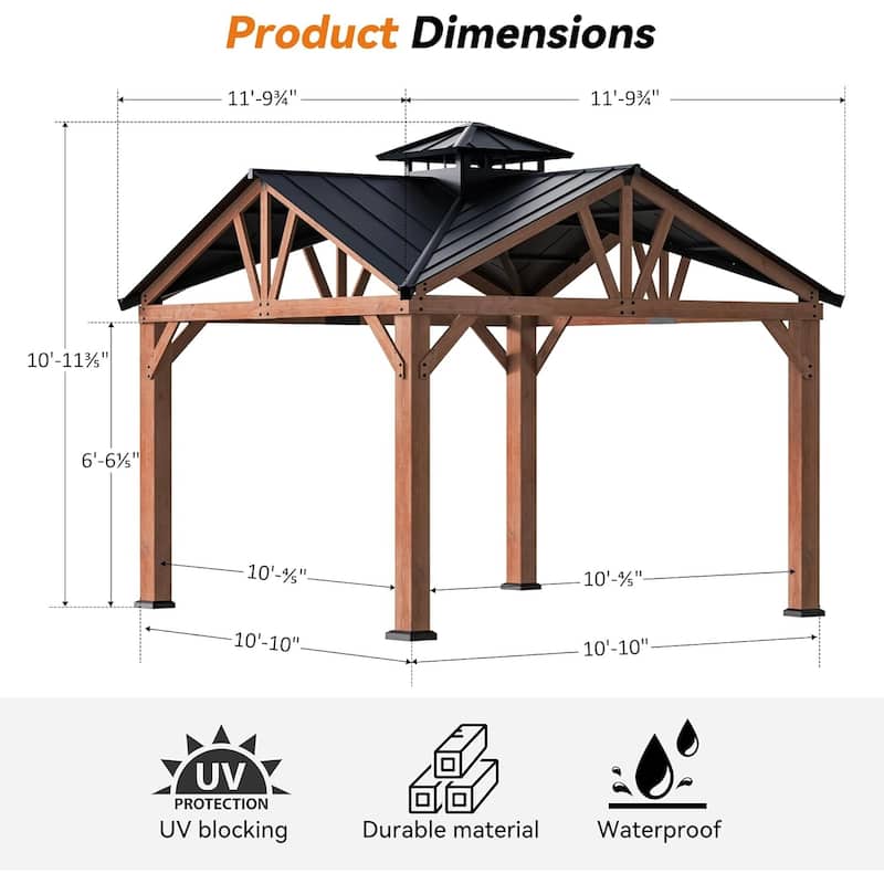 Cedar Wood Gazebo 12’ x 12’, Heavy Duty Hardtop Gazebo with Steel Roof, Water Resistant, Wind Resistant