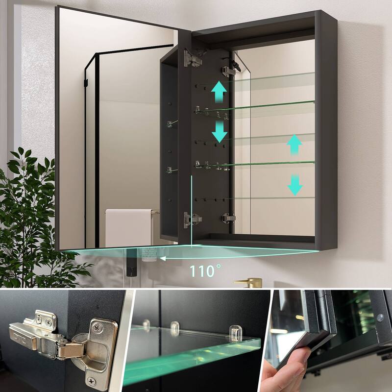 ZEAFIVE LED Black Bathroom Medicine Cabinet Surface Mount Defog Medicine Cabinet 3 Lights Dimmable