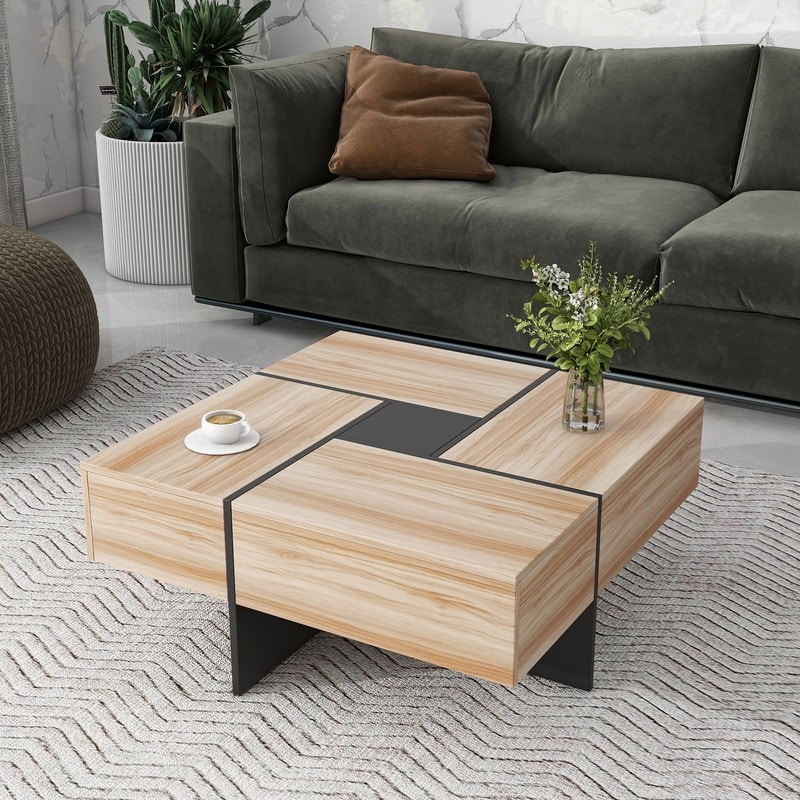 Unique Design Coffee Table with 4 Hidden Storage Compartments Square Cocktail Table with Extendable Sliding Tabletop