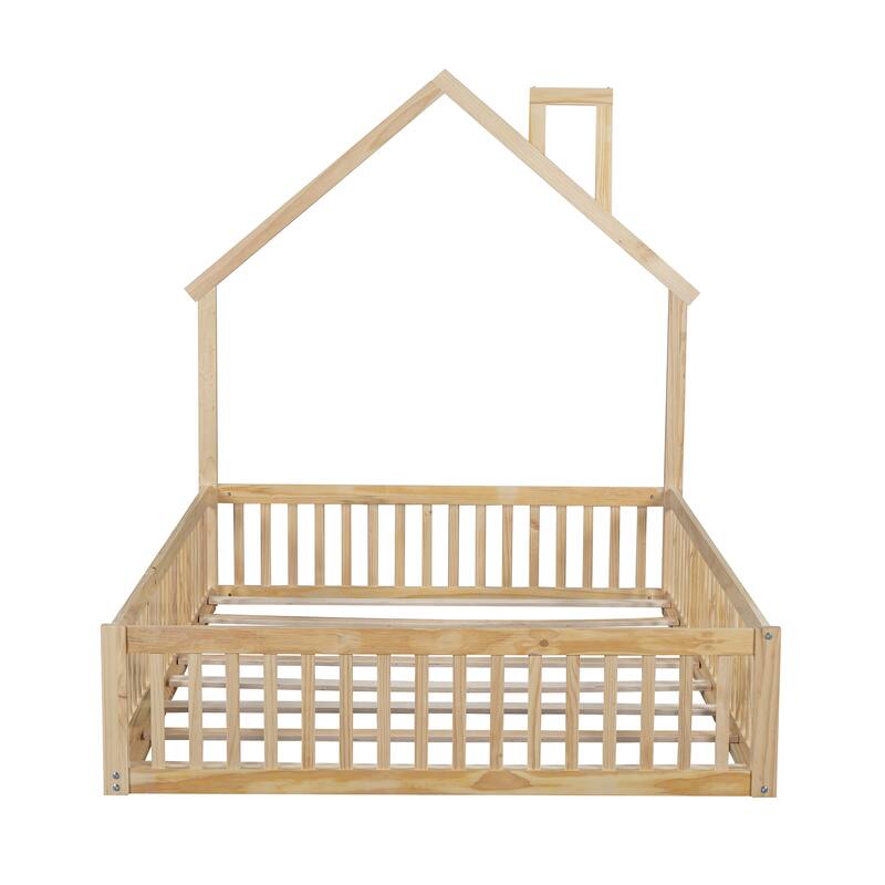 Natural Full Size Solid Wood House Platform Bed with Guardrail