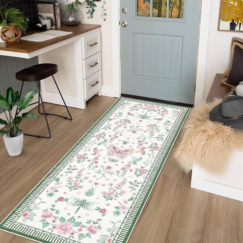 Modern Floral Machine Washable Indoor Waterproof Area Rug for Bedroom, Living Room, Pink - 2' x 3'