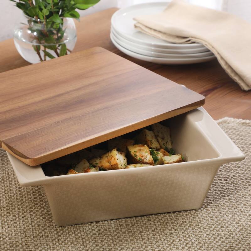 Gibson Elite 2 Quart or 2.75-Quart Stoneware Baking Dish with Acacia Wood Lid - Taupe Rectangular Oven Safe Baker
