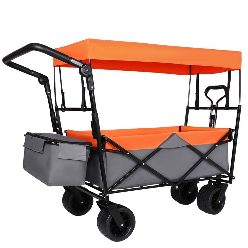 With Push Handle, 480Lbs Collapsible Wagon with Canopy, Wagon cart with 7" All-Terrain Wheels, Lightweight Foldable Wagon