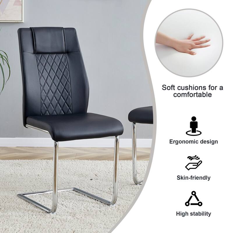 Kitchen Rectangle Dining Table Set for 4, 63" Faux Marble Glass Table with Stainless Steel Legs and PU Upholstered Chairs