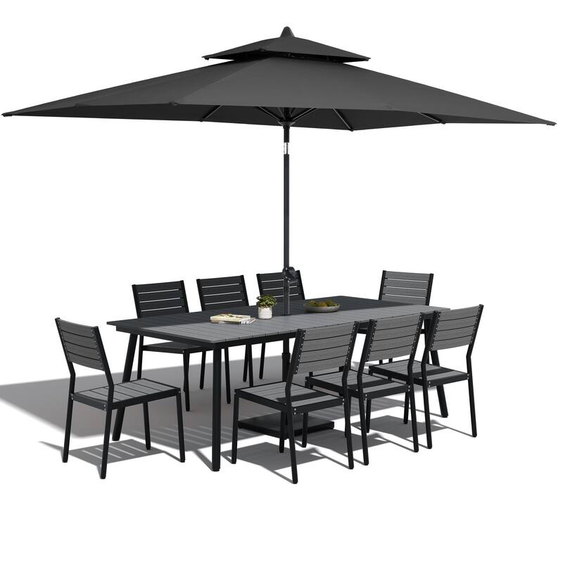 11-Piece Patio Dining Set Aluminum Table and 8 Stackable Chairs w/10 ft Umbrella and Base Stand