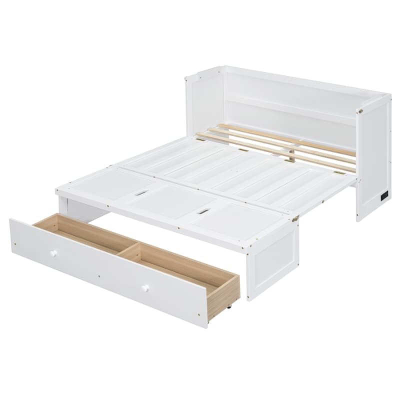 Space-Saving White Full Size Murphy Bed with USB Ports and Large Storage Drawer