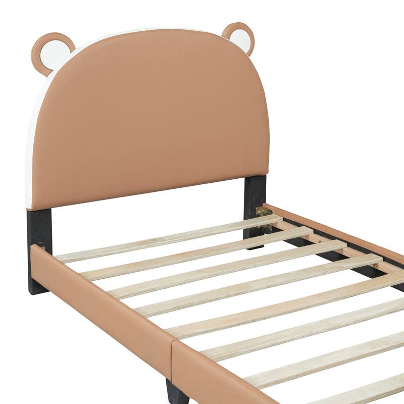 Twin Size PU Upholstered Platform Bed with Bear Shaped Headboard