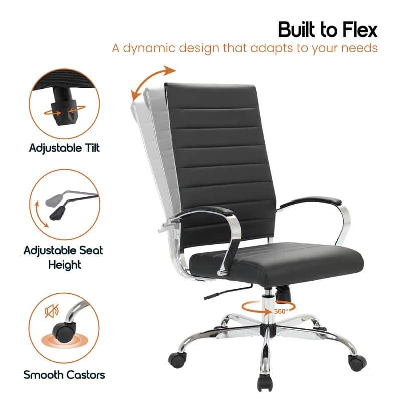 Benmar High-Back Leather Office Desk Chair in Stainless Steel Frame Adjustable Height Tilt Lock 360 Swivel Ergonomic Chair