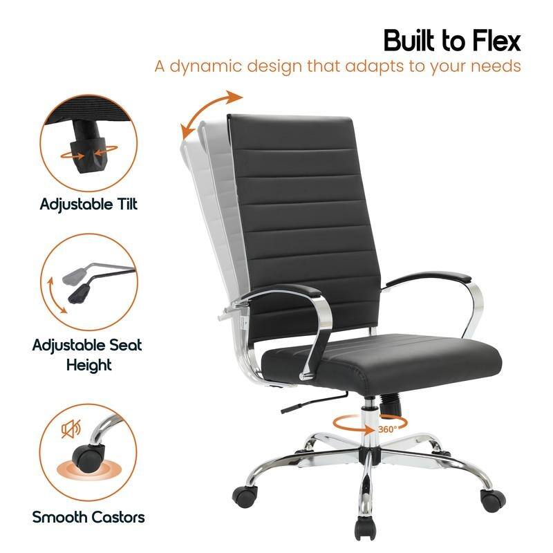 Benmar Leather Executive Office Chair with Chrome Frame, Adjustable Height, Tilt Lock, 360° Swivel, and Smooth Rolling Casters
