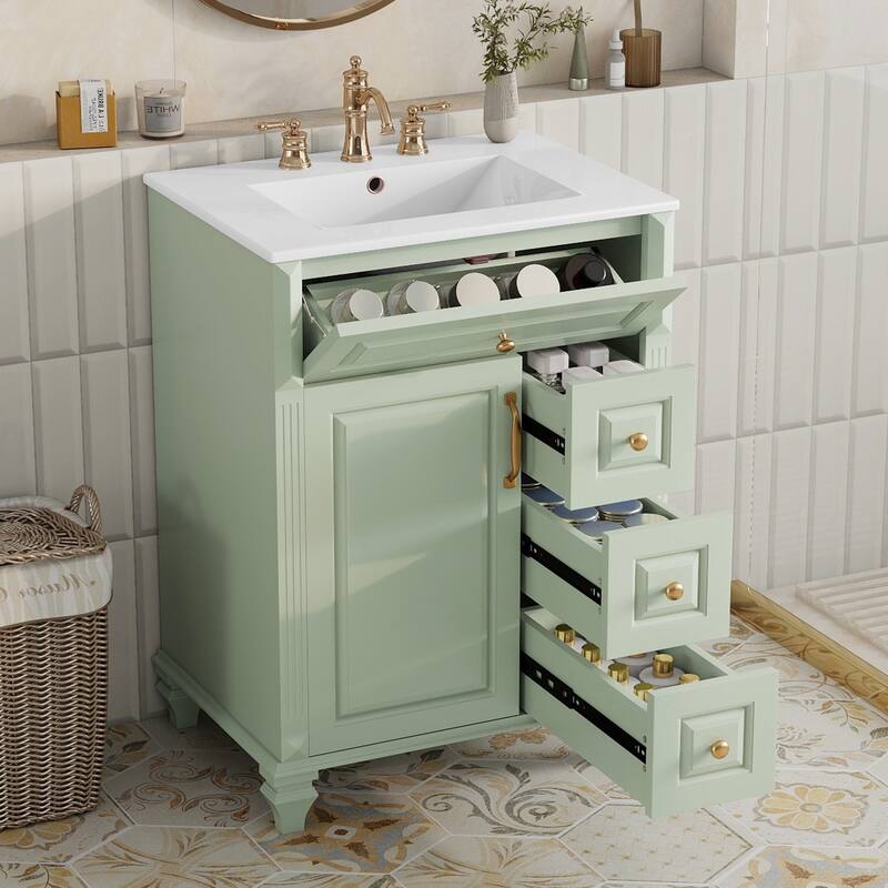24" Freestanding Bathroom Vanity with Ceramic Sink, Flip-Out Drawer & 3-Drawer Cabinet, Solid Wood & MDF