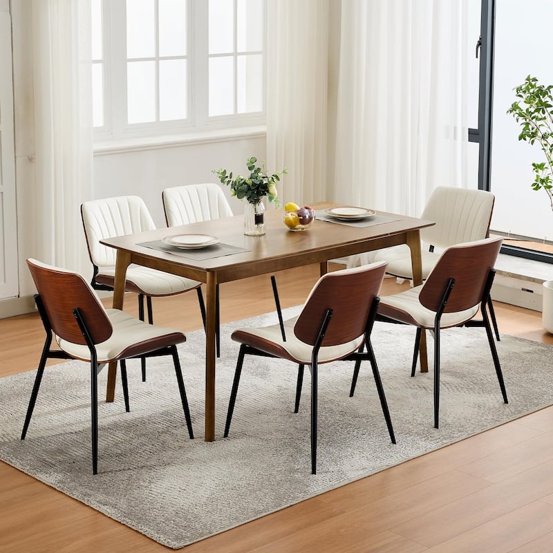 Dining Chairs Set of 2, Modern PU Leather Upholstered Accent Chairs with Shell Strips, Walnut Bentwood Back