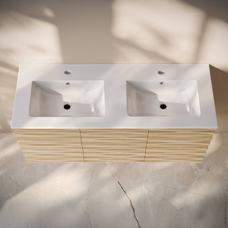 Cascade 48" Wall-Mounted Bathroom Vanity In Natural Oak With Double Basin Sink Top - 48