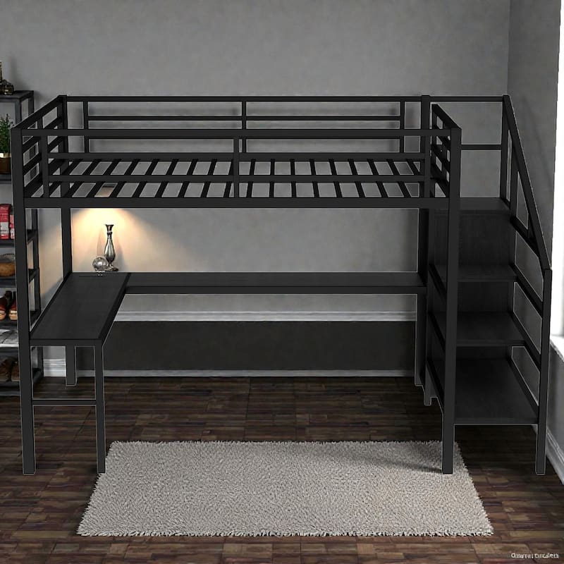 Queen Size Metal Loft Bed with L-Shaped Desk, Wardrobe, USB Charging Station, LED Lights, Storage Stairs, Adjustable Shelf