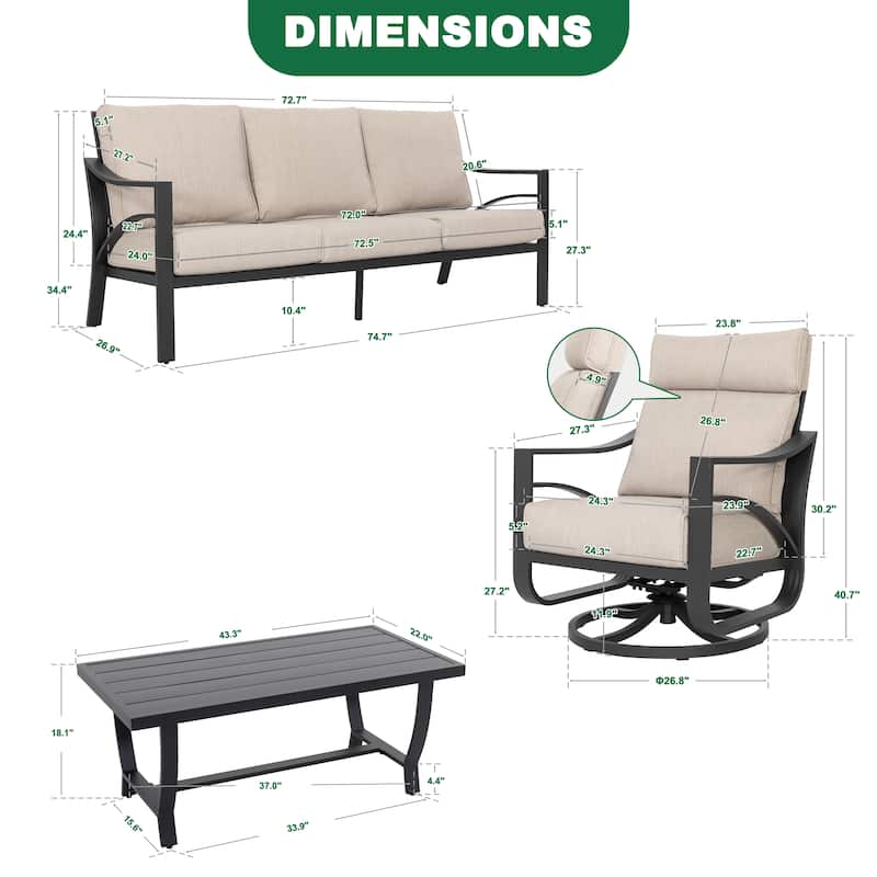 4-Piece Sofa Set with 5.2” Thick Padded Zippered Cushions, Powder-Coated Aluminum Frame, High-Back Design