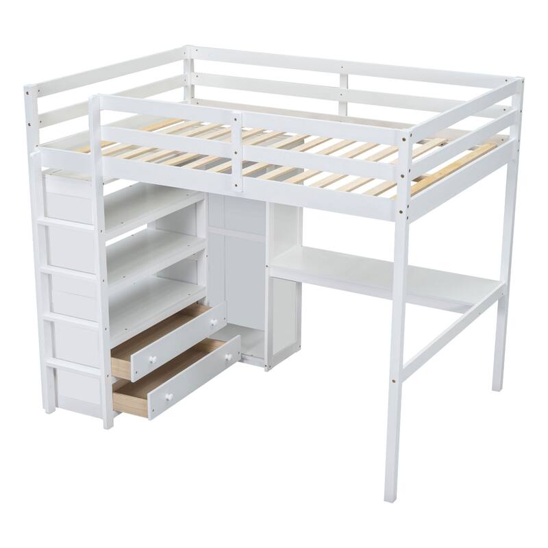Roomfitters Full Size Loft Bed with Wardrobe, Desk and Storage Shelves