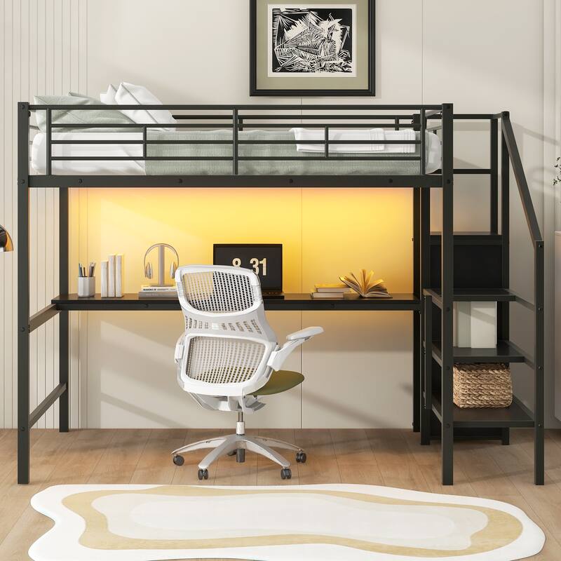 Full Size Metal Loft Bed with Desk, Storage Staircase, Small Wardrobe & LED Light, Space-Saving Design, No Box Spring Required