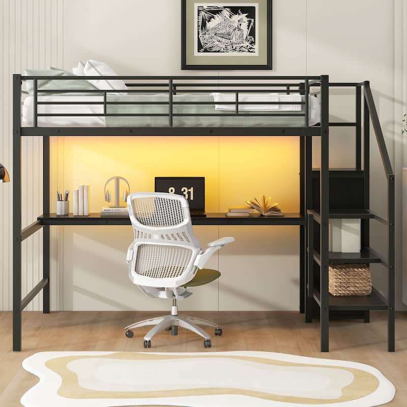 Full Size Metal Loft Bed with Study Desk & Storage Stairs - Space-Saving Design with Wardrobe & LED Light