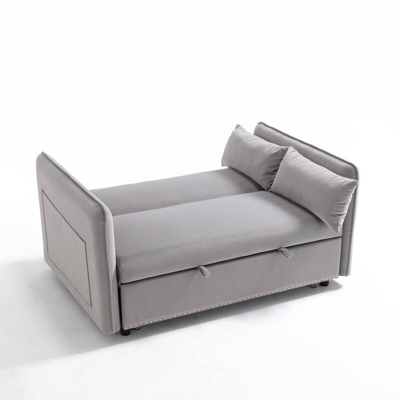 3 in 1 Convertible Sleeper Futon Sofa Bed, 55" Grey Velvet Loveseat with 2 Pillows, Reclining Backrest, Side Pockets
